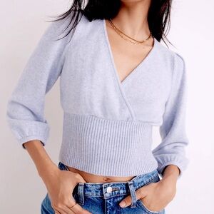 NWT Madewell Light Blue V-Neck Wrap Cropped Wool Sweater